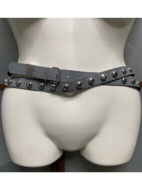 Laura Lei Vintage Double Wrap Silver Studded Grey Leather Waist Belt Punk Emo